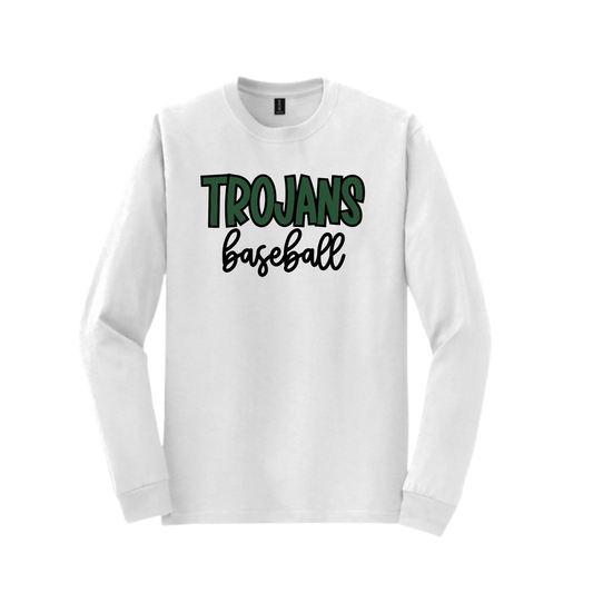 Long Sleeve White Trojan Baseball Tee
